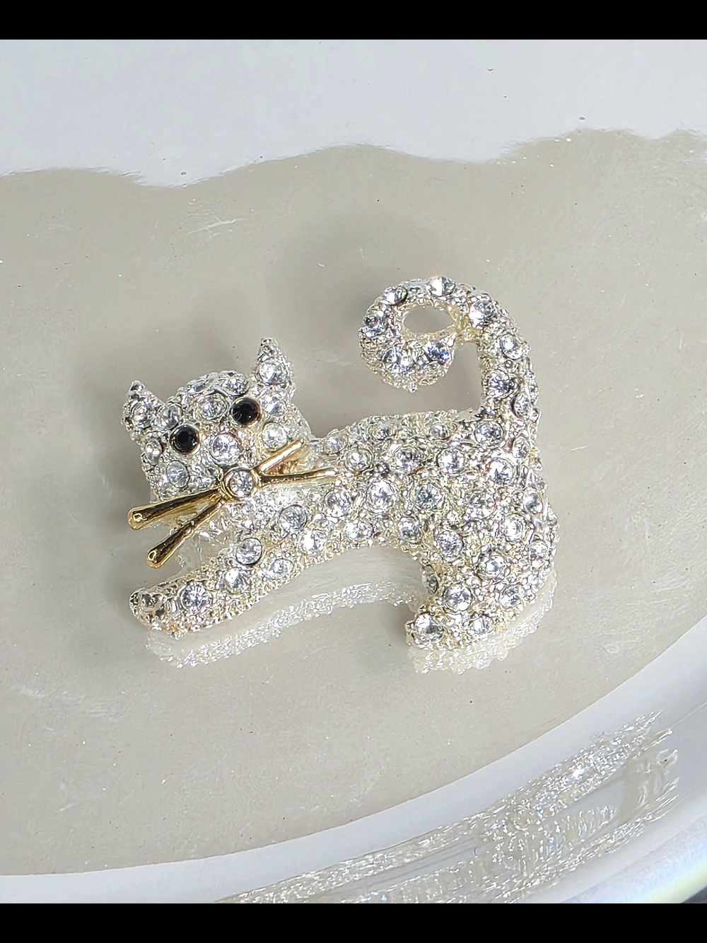 Crystal Pave Silver Tone Cat Brooch - Gold Tone Whiskers